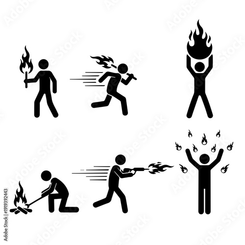 Vector illustrations showcasing stick figures engaged in diverse actions involving fire, symbolizing concepts of power, danger, and primal energy