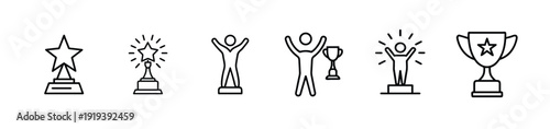 Awards and success outline icon set with star trophy, winner celebration, champion cup, victory podium and achievement symbol, professional reward and more vector illustration with editable stroke