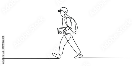 Minimalist one line art of student walking with backpack