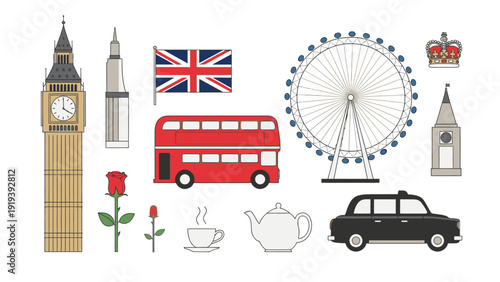 Flat lay composition of iconic London symbols and objects on a white background, including transportation, landmarks, and cultural icons.