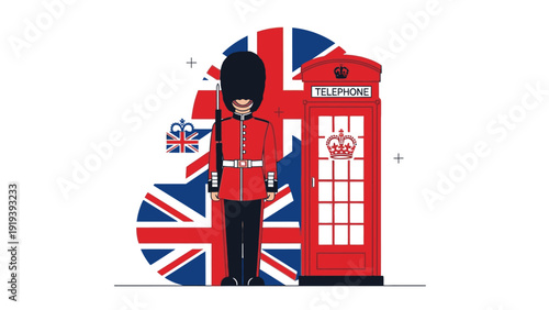 Illustration of a British guard standing next to a red telephone booth with a Union Jack flag in the background, symbolizing iconic UK culture and landmarks in a flat design style with bold