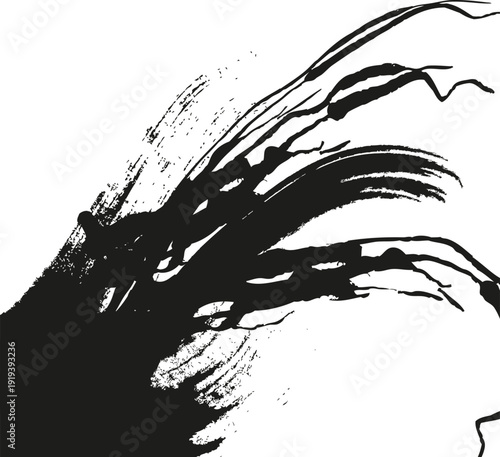 Brushstroke. Black grunge. A rough black brushstroke with a jagged texture, conveying the effect of handcrafted work and artistic carelessness.