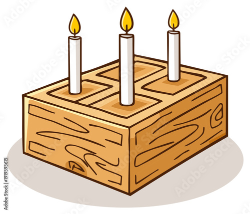 Whimsical wooden block with three burning candles for a third birthday or anniversary celebration