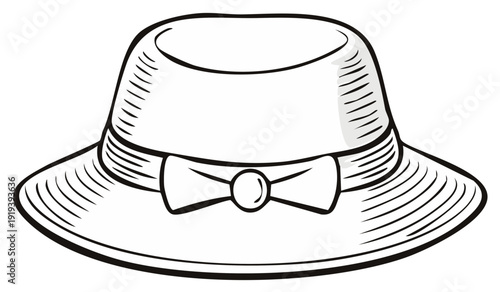 Elegant ladies sun hat with a decorative bow ribbon in a black and white sketch style