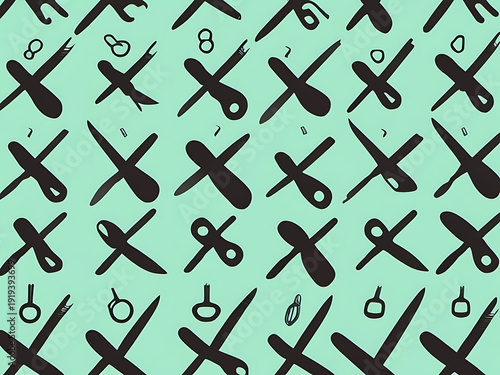 Hand-drawn abstract pattern of X shapes and small circles on a mint green background