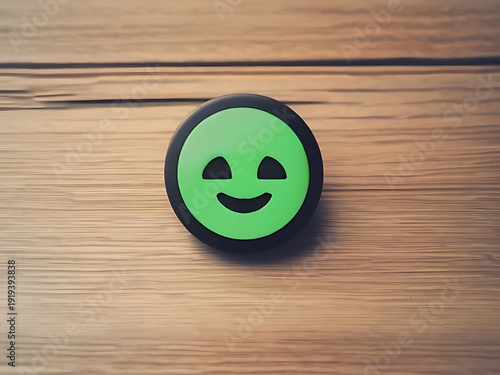 A bright green smiley face button rests on a textured wooden surface