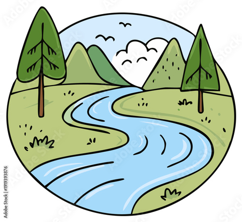 Scenic cartoon landscape of a winding river through mountains and pine trees in a circular frame