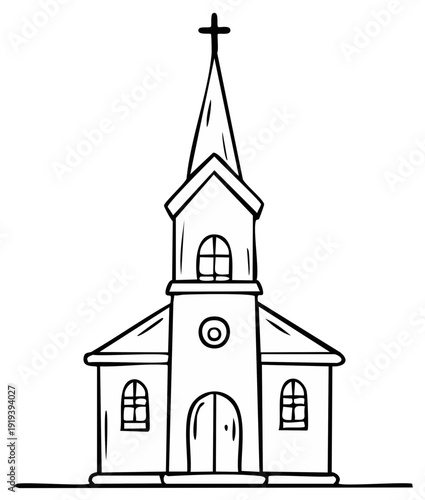 Hand drawn church illustration in black and white, Religious building for worship services. A symbol of faith, community, and spiritual guidance.