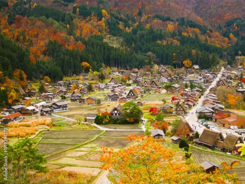 Schilderij op canvas Aerial Panorama autumn view of the Historic Villages of Shirakawa-go in Japan, which is one of the UNESCO World Cultural Heritage