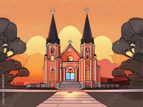 Stylized illustration of a church with twin spires against a warm sunset sky