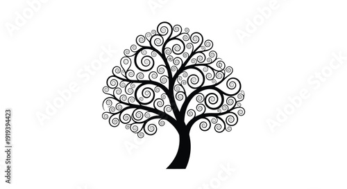 A stylized black tree with a full spiraling canopy design