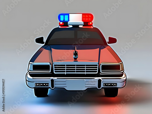Front view of a classic police car with flashing red and blue lights on a neutral background