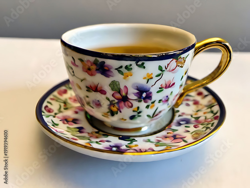 Elegant floral teacup and saucer with golden handle filled with warm beverage