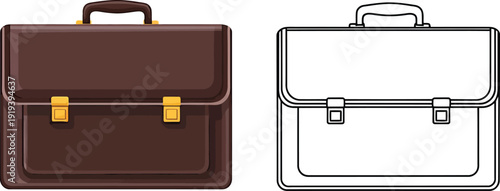 Brown Briefcase with Yellow Buckles and Outline Illustration