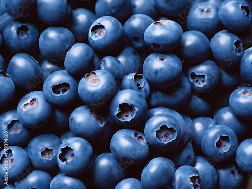Close-up macro shot of ripe, fresh blueberries piled high, showcasing their texture and color