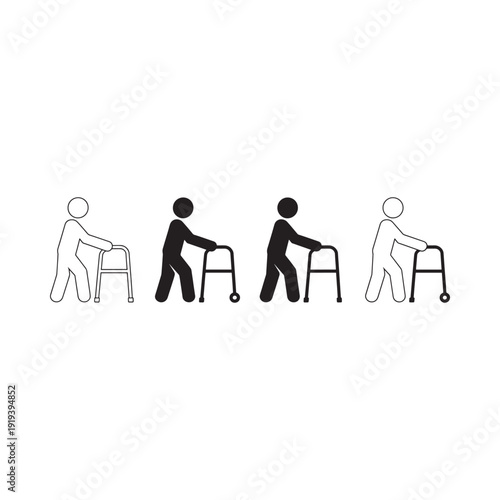 Stick figures depicting elderly people using walkers for mobility assistance