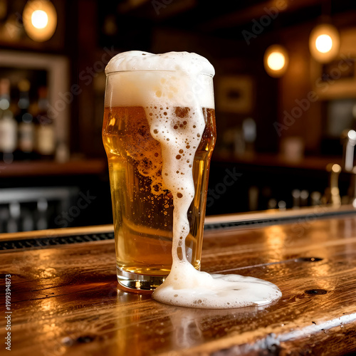 A freshly poured pint of golden beer, with frothy foam spilling over the rim onto a rustic wooden bar counter, in a cozy pub setting