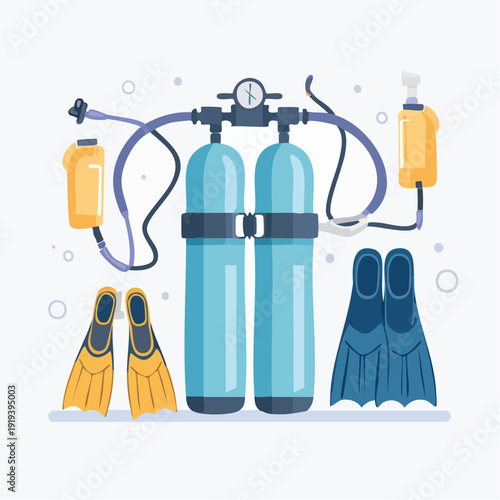 Scuba diving equipment twin tanks, fins, and regulator for underwater exploration