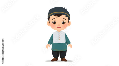 Cute cartoon illustration of a smiling Muslim boy wearing traditional Islamic clothing and cap, standing in a simple vector style suitable for children's education, culture, and religious themes.