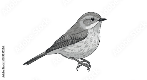 Detailed black and white sketch of a small songbird perched, showcasing intricate feather patterns and delicate features in a natural wildlife illustration