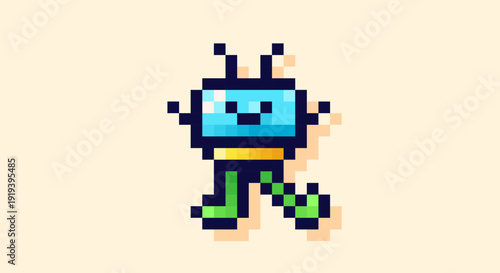 Pixel art 8-bit green and blue funny space monster.