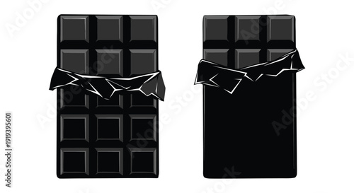 Two dark chocolate bars with geometric squares and silver wrapping