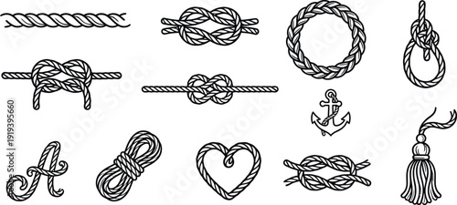 Collection of nautical knots and marine elements in line art style