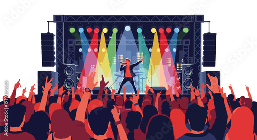 Modern live music concert with professional singer performing on stage and excited crowd raising hands under bright lights. Entertainment industry nightlife event and festival performance concept