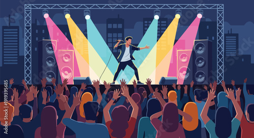 Modern live music concert with professional singer performing on stage and excited crowd raising hands under bright lights. Entertainment industry nightlife event and festival performance concept