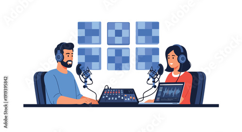 Podcast host recording audio show with microphone headphones and sound mixer inside studio. Digital media broadcasting and online entertainment industry communication concept illustration