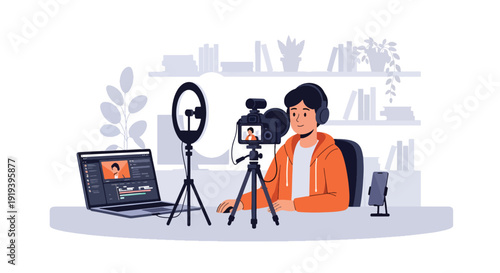 Digital content creator recording video with camera and ring light in home studio. Social media streaming entertainment and influencer marketing creative industry concept illustration