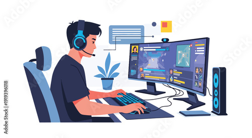 Professional gamer playing online video game with headset and computer setup. Esports tournament digital entertainment and competitive gaming industry concept illustration