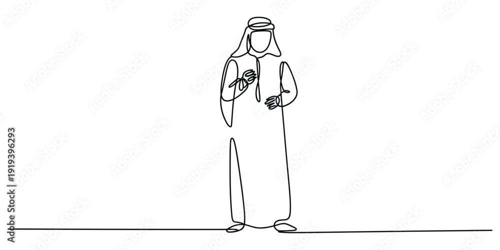 Fototapeta premium Continuous line drawing of arab man presenting with microphone