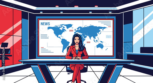 News anchor presenting program inside modern television studio with lights and camera. Broadcasting media entertainment and journalism industry concept illustration