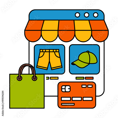 Online shopping store with colorful awning and electronic payment terminal