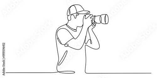 Minimalist continuous line drawing of a photographer with professional camera
