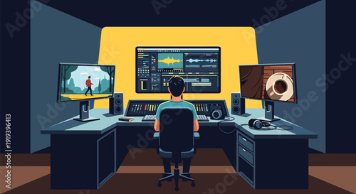 Video editor working on computer editing film footage timeline in studio. Digital media production and entertainment post production industry concept illustration