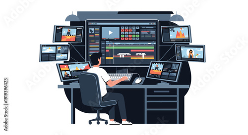 Video editor working on computer editing film footage timeline in studio. Digital media production and entertainment post production industry concept illustration