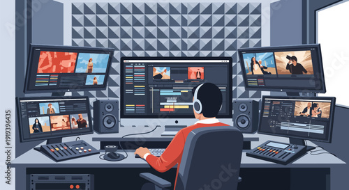 Video editor working on computer editing film footage timeline in studio. Digital media production and entertainment post production industry concept illustration