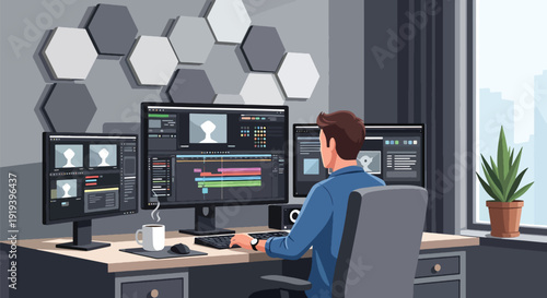 Video editor working on computer editing film footage timeline in studio. Digital media production and entertainment post production industry concept illustration