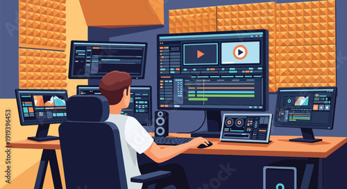Video editor working on computer editing film footage timeline in studio. Digital media production and entertainment post production industry concept illustration