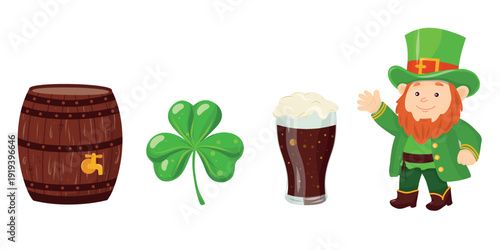 Patrick’s Day Essentials Set. Barrel, Clover, Beer, Leprechaun. St. Patrick’s Vector Clipart