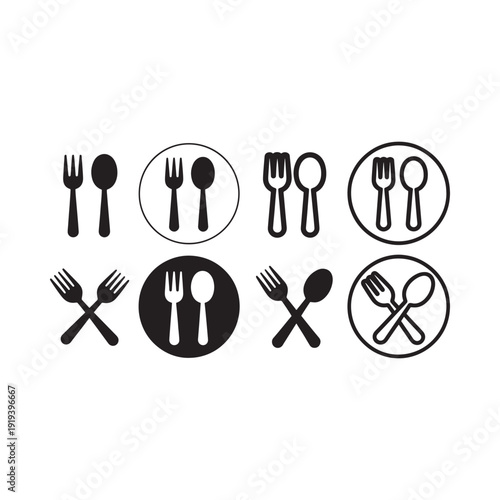 Black and white icons depicting various cutlery arrangements and dinnerware