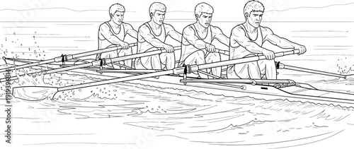 Four muscular male athletes synchronize their powerful rowing strokes while intensely competing in a shell boat during a water sports regatta competition