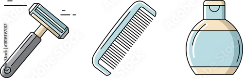 Personal grooming items including a razor, comb, and bottle of liquid