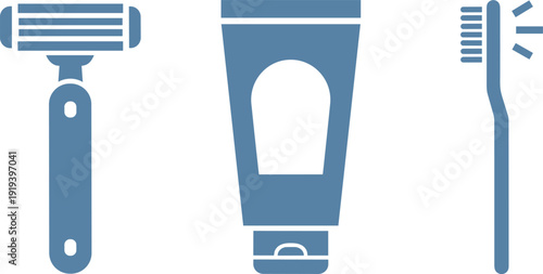 Personal hygiene items: razor, toothpaste tube, and toothbrush icons on white background