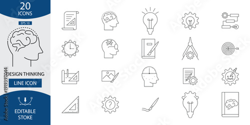 Design Thinking line editable icon set. Contain icons related to design, thinking, ideation, brainstorm, creativity, prototype, innovation, research, Vector collection.