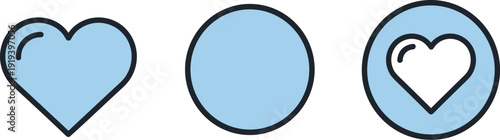 Three simple icons: a heart, a circle, and a heart within a circle, all in light blue