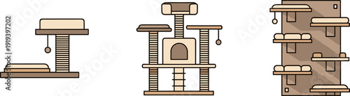 Collection of three modern cat trees and climbing shelves in flat design style