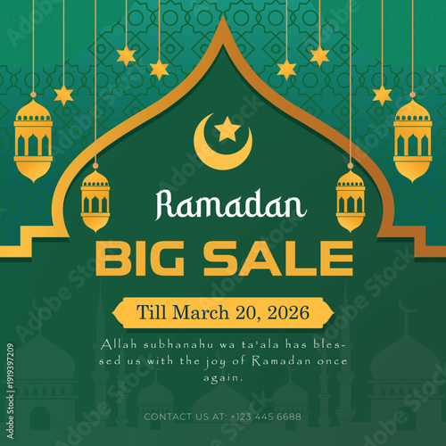 Ramadan big sale banner with crescent moons and lanterns, green background with gold accents, till March 20, 2026. isolated on Transparent Background